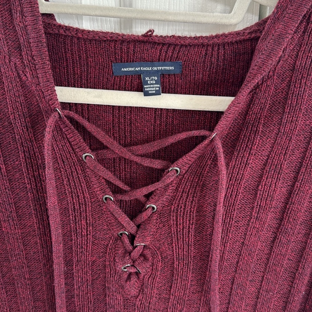American Eagle Outfitters Burgundy Pullover Hooded Sweater-Lace-Up V-Neck - XL - Picture 3 of 10